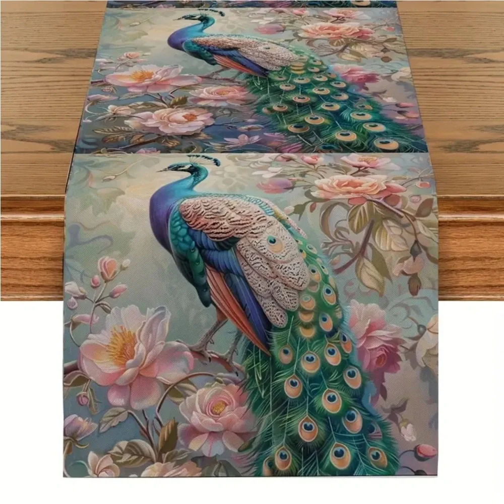 Romantic Floral Peacock #3 Table Runner (71” x 13”)